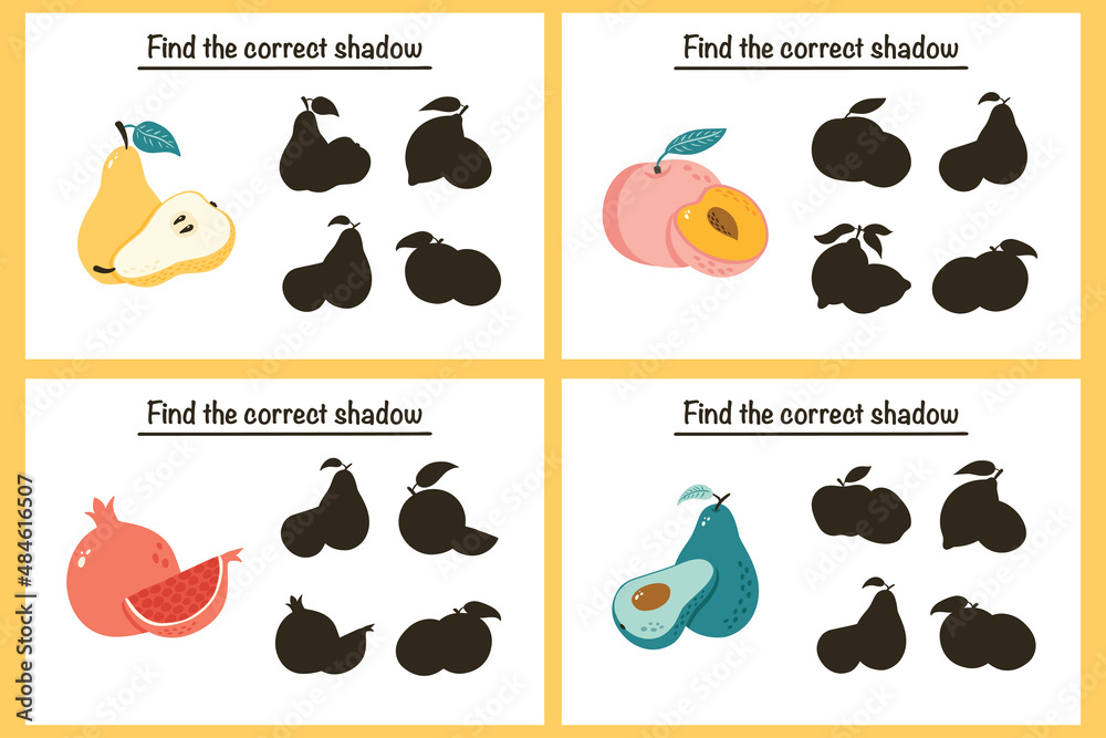 Find correct Fruit silhouette educational game for kids. Preschool puzzle. Shadow matching activity for children. Educational worksheet. Find correct shadow game with ripe fruits