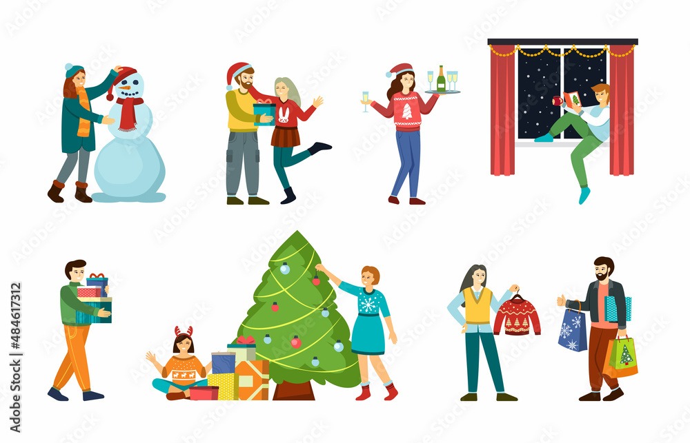 xmas celebration. happy people in winter season with gifts and christmas tree decorated. vector set