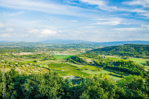 Panoramic landscape view of the surroundings of Gordes in the Luberon valley in Vaucluse, France