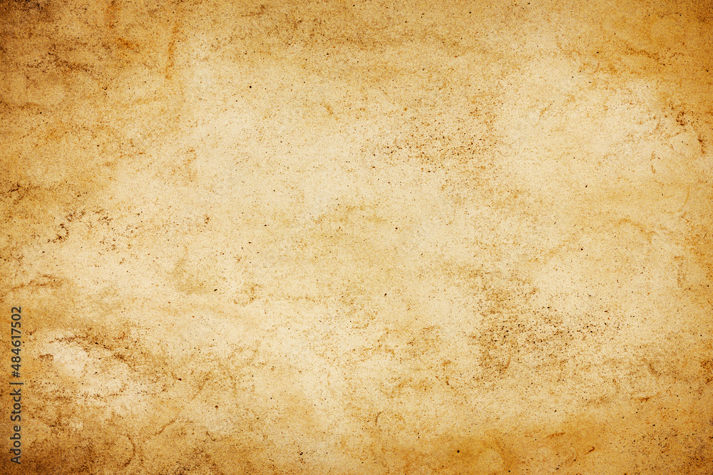 Parchment paper background. Coffee stains background. Brown splash texture. Burned letter structure. Brown antique rustic stained paper backdrop. Grunge spray brown stains. Ancient look.