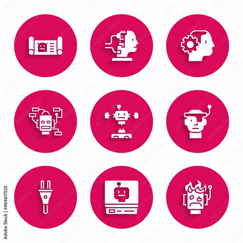 Set Disassembled robot, Robot, burned out, Smart glasses, Electric plug, Humanoid and blueprint icon. Vector Set Disassembled robot, Robot, burned out, Smart glasses, Electric plug, Humanoid and blueprint icon. Vector