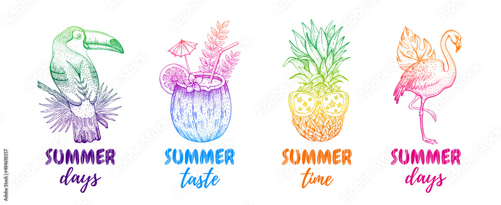 Summer abstract vector. Tropic summer poster background. Music memphis design graphic set. Fashion beach party art. Toucan coconut pineapple flamingo. Modern line t shirt illustration with font print - obrazy, fototapety, plakaty 