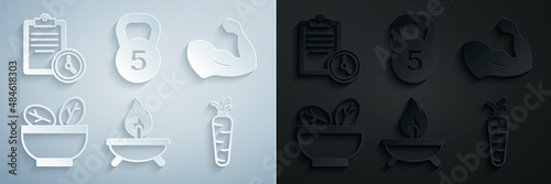 Set Aroma candle, Bodybuilder muscle, Salad in bowl, Carrot, Weight and Sport training program icon. Vector