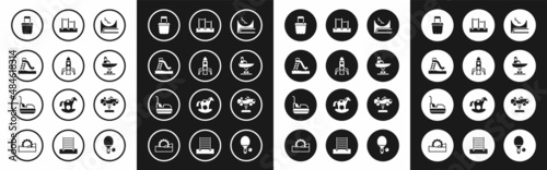 Set Skate park, Rocket ship, Kid slide, Sand in bucket, Swing boat, Horizontal bar, car and Bumper icon. Vector