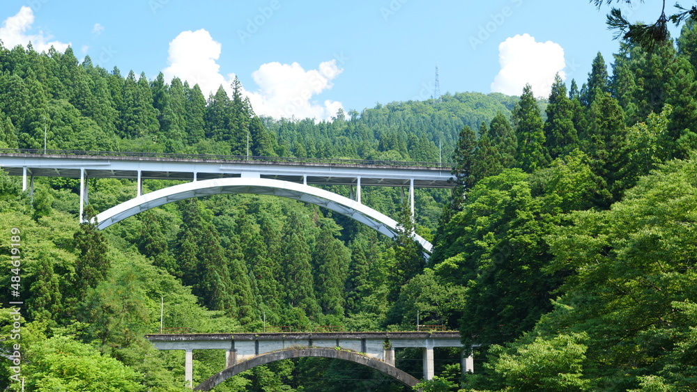 Fototapeta premium 車、電車の通る複数の橋。日本の橋。