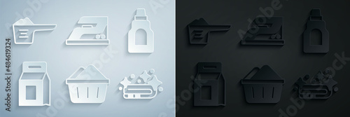 Set Basin with soap suds, Bottle for cleaning agent, Laundry detergent, Towel stack, Electric iron and Washing powder icon. Vector