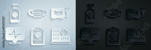 Set Patient record, Ultrasound, Heart rate, Hospital building, Medical protective mask and Antibacterial soap icon. Vector