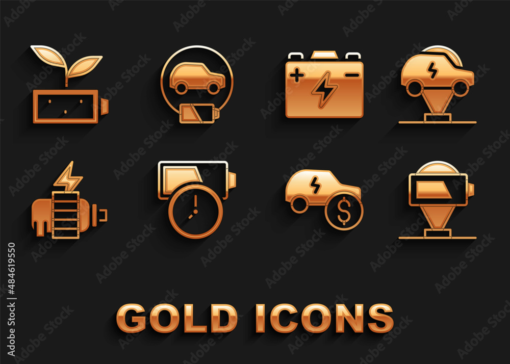 Set Battery charge, Electric car, price, motor, Car battery, Eco nature leaf and icon. Vector Set Battery charge, Electric car, price, motor, Car battery, Eco nature leaf and icon. Vector