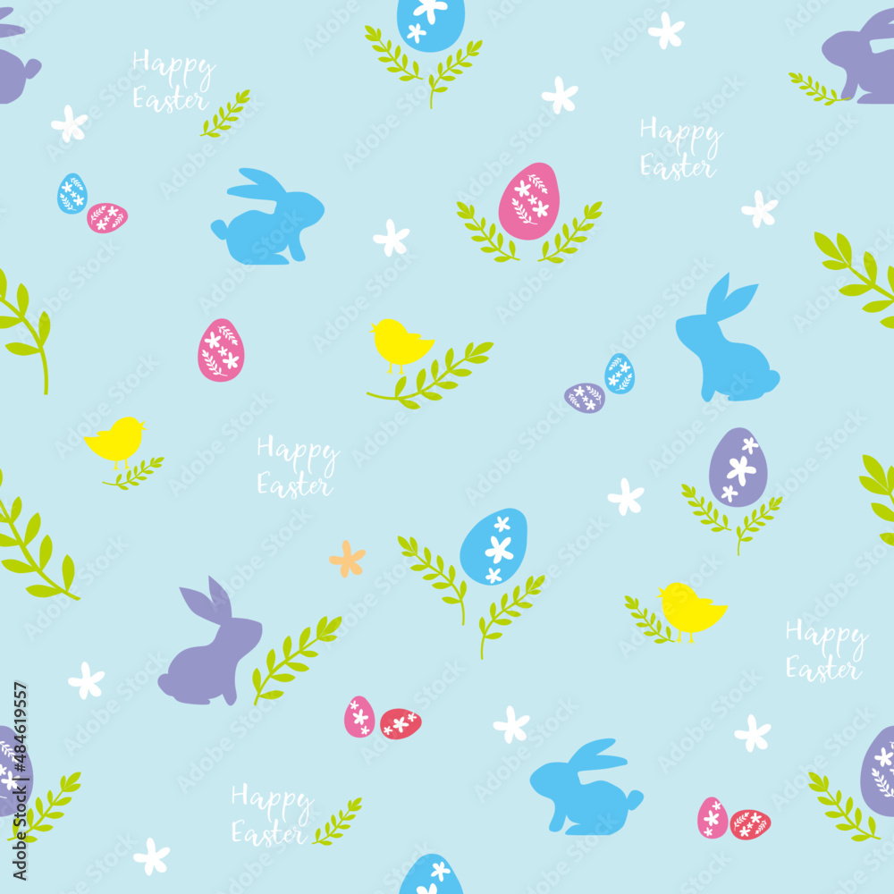 Easter holiday pattern with rabbits, chickens and eggs