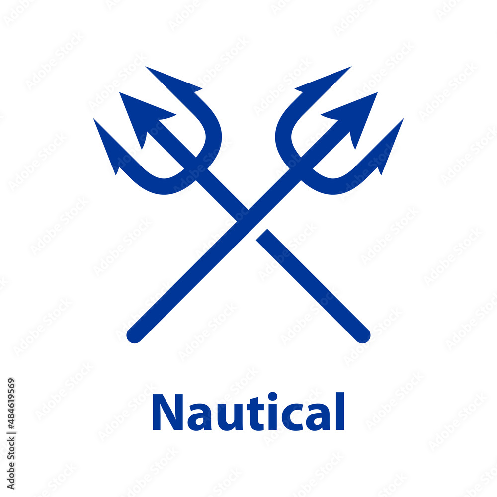Logotipo con texto Nautical con dos tridentes cruzados con líneas en color azul