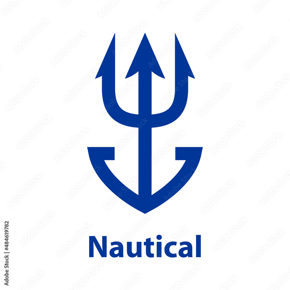 Logotipo con texto Nautical con ancla de barco con forma de tridente con líneas en color azul Logotipo con texto Nautical con ancla de barco con forma de tridente con líneas en color azul