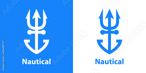 Logotipo con texto Nautical con ancla de barco con forma de tridente con líneas en fondo azul y fondo blanco