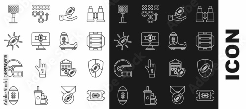 Set line American Football ticket, and shield, football field, on hand, tv program, Bright stadium lights and Soccer or shoes with spikes icon. Vector