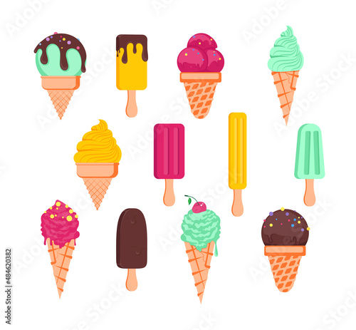 Set of tasty ice creams. Sweet summer delicacy sundaes, gelatos with different tasties, collection isolated ice-cream cones and popsicle with different topping. Vector illustration for web,design