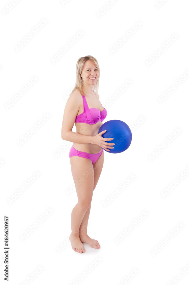 woman wearing bikini with a blue water ball woman wearing bikini with a blue water ball
