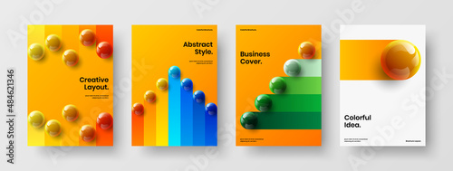 Trendy handbill design vector illustration set. Modern realistic spheres company brochure layout composition.