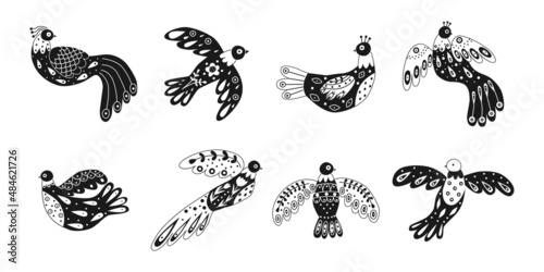 Vector collection of various birds with different folk ornaments. Set in scandinavan style. Ethnic flat illustration with nordic detailed in black and white colors