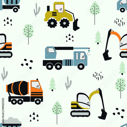Cute children seamless pattern of construction machinery. Cartoon hand drawn transport. Vector print with excavator, bulldozer, crane, dump truck. Toy cars helpers.