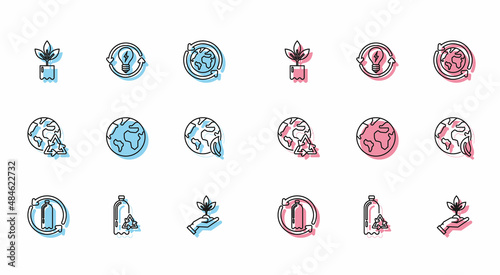 Set line Recycling plastic bottle, Plant, hand of environmental protection, Earth globe, leaf, Planet earth recycling and Recycle light bulb with lightning symbol icon. Vector