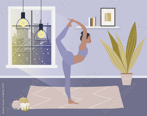 Stay home concept. Girl practicing yoga, meditation. Woman doing exercise in cozy modern interior.
