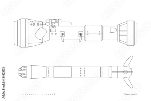 Outline rocket launcher side view. Contour antitank rifle blueprint. Isolated missile weapon. Anti-tank military gun. Armed hand grenade