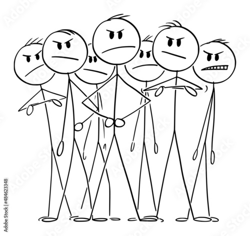 Big Angry Business Team With Leader, Vector Cartoon Stick Figure Illustration
