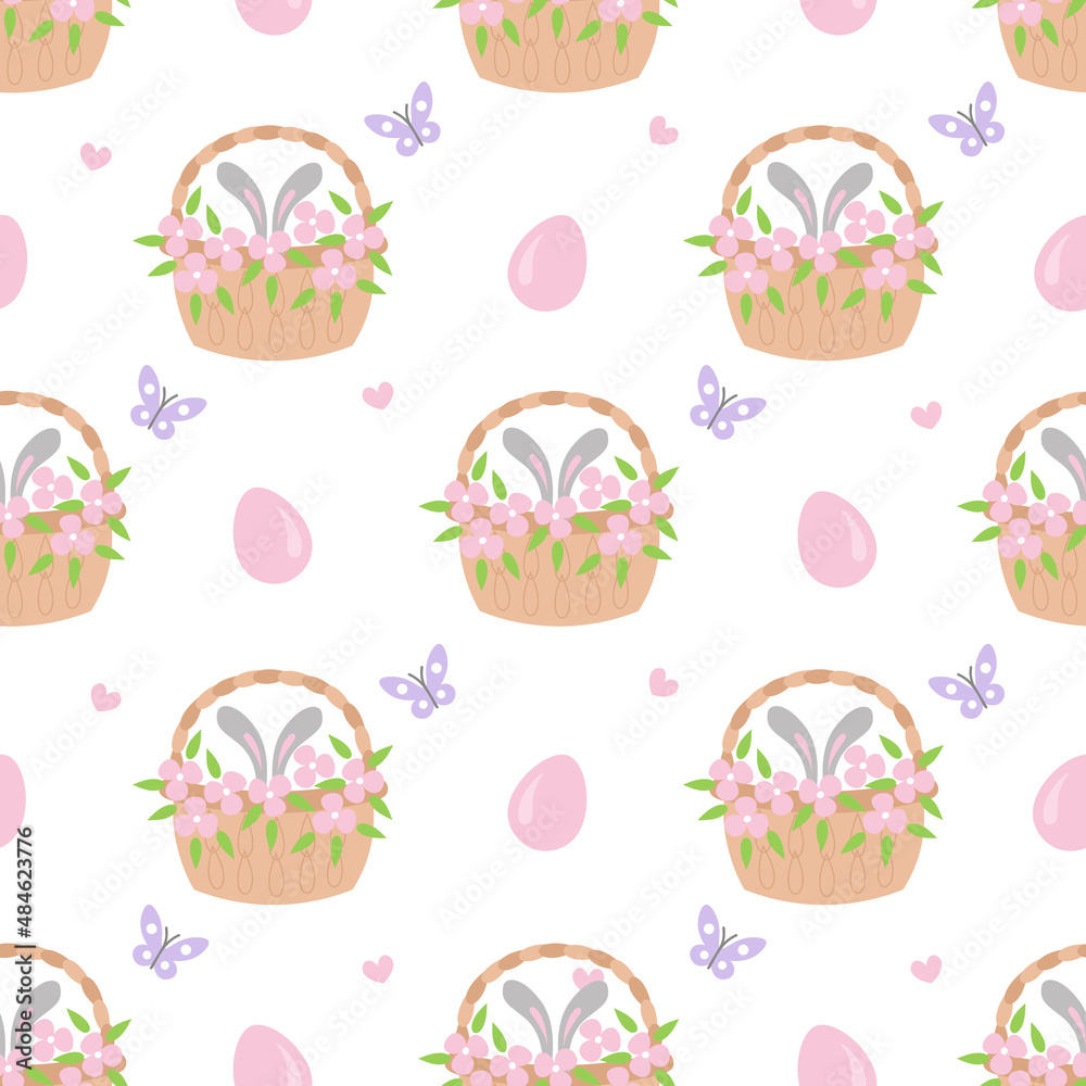 Cartoon basket with Easter bunny ears and flowers, seamless pattern. Easter theme background. Flat design. Rabbit, eggs and spring wallpaper.