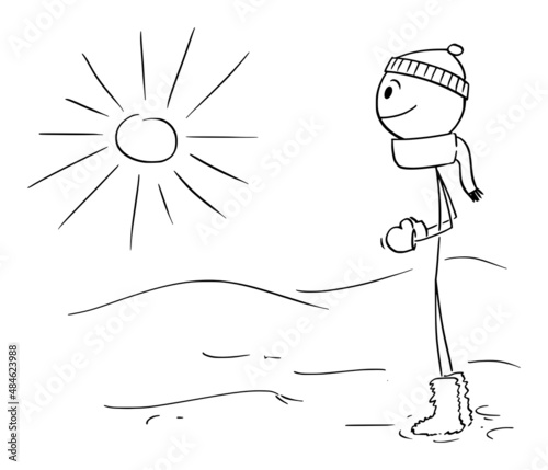 Person in Winter Watching Sun, Vector Cartoon Stick Figure Illustration