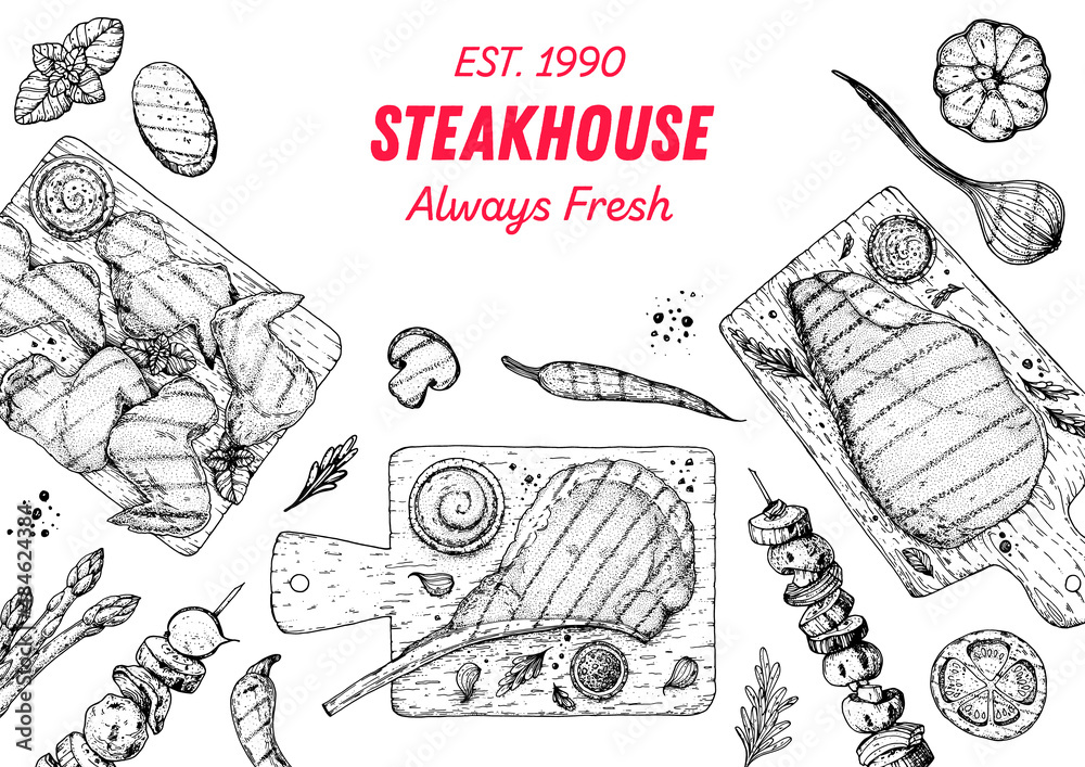 Steak House menu. Bbq grill food sketch. Menu design template. Grilled meat and vegetables frame. Vector illustration. Engraved design. Hand drawn illustration.