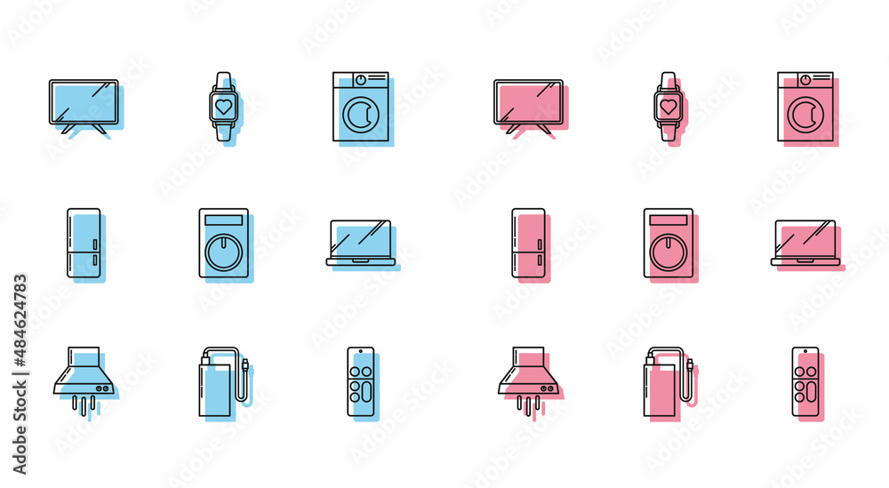 Set line Kitchen extractor fan, Power bank with different charge cable, Smart Tv, Remote control, Laptop, Refrigerator and watch showing heart beat rate icon. Vector Set line Kitchen extractor fan, Power bank with different charge cable, Smart Tv, Remote control, Laptop, Refrigerator and watch showing heart beat rate icon. Vector