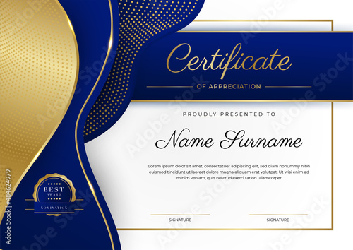 Blue and gold certificate of achievement border template with luxury badge and modern line pattern. For award, business, and education needs