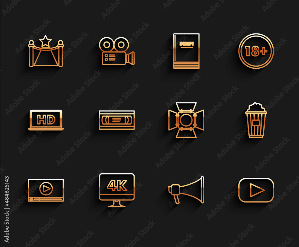 Set line Online play video, Computer PC monitor with 4k technology, Carpet barriers and star, Megaphone, Play, VHS cassette tape, Popcorn cardboard box and Movie spotlight icon. Vector Set line Online play video, Computer PC monitor with 4k technology, Carpet barriers and star, Megaphone, Play, VHS cassette tape, Popcorn cardboard box and Movie spotlight icon. Vector