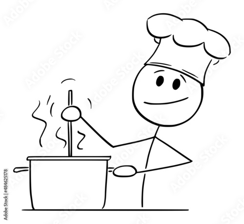 Cook Cooking Food in Pot , Vector Cartoon Stick Figure Illustration