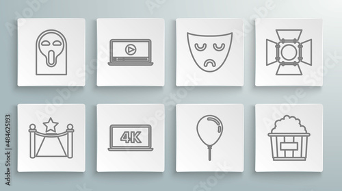Set line Carpet with barriers and star, Online play video, Laptop screen 4k technology, Balloon ribbon, Popcorn cardboard box, Drama theatrical mask, Movie spotlight and Funny scary ghost icon. Vector