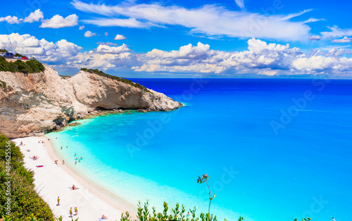 Best and most beautiful beaches of Greece - Porto Katsiki with turquoise sea in Lefkada, Ionian island. Greek summer holiadys
