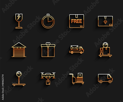 Set line Scale, Delivery drone with the package, Fragile broken glass symbol, Electric hand truck and boxes, cargo vehicle, Gift, cardboard and Post icon. Vector