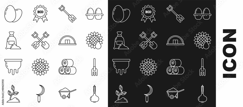 Set line Onion, Garden rake, Sunflower, Shovel and, Bag of flour, Chicken egg and Hangar icon. Vector Set line Onion, Garden rake, Sunflower, Shovel and, Bag of flour, Chicken egg and Hangar icon. Vector