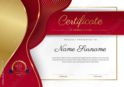 Red and gold certificate of achievement border template with luxury badge and modern line pattern. For award, business, and education needs