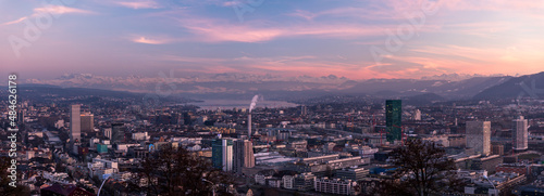 Panorama View of City Zurich at Pink and Violet Sunset