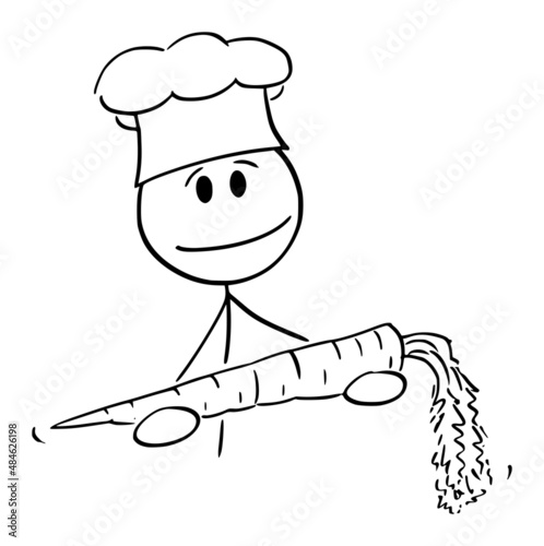 Cook Holding Carrot Vegetable , Vector Cartoon Stick Figure Illustration