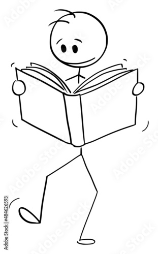 Reader Person Walking and Reading Book , Vector Cartoon Stick Figure Illustration