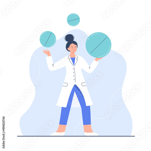 A young doctor juggles pills. The character of a female doctor of in full growth. Vector flat illustration for the clinic's website, banner, applications.