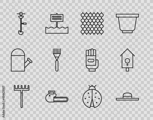 Set line Garden rake, Worker hat, fence wooden, Chainsaw, Grass and weed electric string trimmer, Ladybug and Retro wall watch icon. Vector