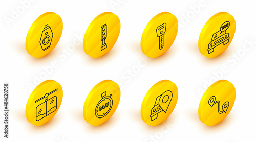 Set line Route location, Map pointer with taxi, Stopwatch 24 hours, Cable car, Taxi, Car key, Traffic light and remote icon. Vector