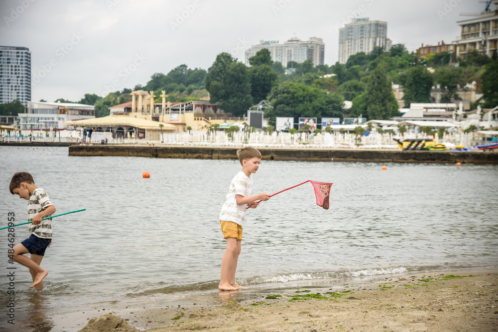 Fototapeta premium Two sibling little brother boy exploring the beach at low tide w