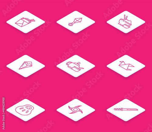 Set line Asian noodles in paper box and chopsticks, Japanese ninja shuriken, Rice bowl with, Temaki roll, tea ceremony, Origami bird, Maneki neko cat and icon. Vector