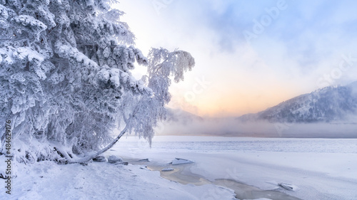 Winter on the river. Colorful landscape with snowy trees, beautiful frozen river. yellow sunlight. Winter trees, lake and sky. frosty snowy river