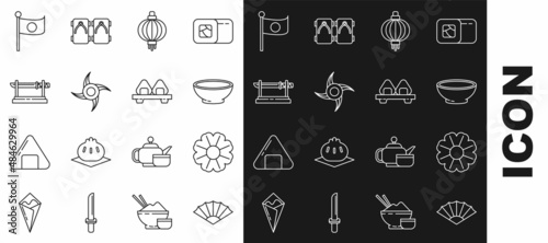 Set line Paper chinese or japanese folding fan, Flower, Bowl of hot soup, Japanese paper lantern, ninja shuriken, Traditional katana, National flag pole and Sushi cutting board icon. Vector