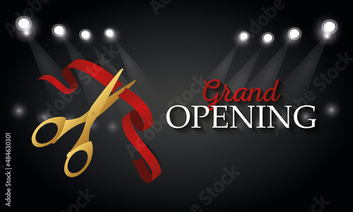 Grand opening design with ribbon, balloons and gold scissors, fireworks. Realistic Vector