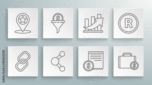 Set line Chain link, Lead management, Share, Paper check and financial check, Briefcase money, Financial growth coin, Registered Trademark and Map pointer with star icon. Vector